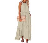 Sommerkleid Damen midi wickelkleid Hochzeit Kleider Teenager mädchen Einfarbig V-Ausschnitt Ärmellose Maxi Kleid Abendkleider（Beige, M