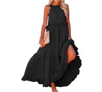 Sommerkleid Damen midi wickelkleid Hochzeit Kleider Teenager mädchen Einfarbig V-Ausschnitt Ärmellose Maxi Kleid lederkleid（Schwarz, M