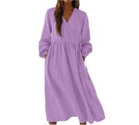 Sommerkleid Damen Midikleid,V-Ausschnitt Langarm A Linie Strandkleid Mit Taschen Lockere Boho Lässiges Freizeitkleid Sommer Urlaub Leichtes Luftige Leinenkleid Bequemes Alltags Wickelkleid