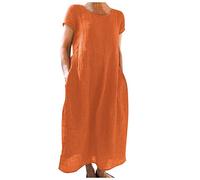 Sommerkleid Damen Mit Taschen, Leinenkleider Damen Sommer Strandkleid Luftig Frühling Elegante Kleider Große Größen Leinen Musselin T-Shirt Kleid Tunika Boho Kleid a Linien Casual Partykleid Lang