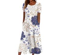 Sommerkleid Damen Mit Taschen Sommerkleider Kurzarm Blumen Leichte Midi Kleider Sommer Leicht Kleider Elegant Strandkleid Frauen A Linie Luftige Boho Kleid Locker Damenkleider Wadenlang