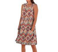 Sommerkleid Damen Modernes Blumenmuster Ärmelloses V-Ausschnitt Minikleid Lässiges Lockeres Druck Strandkleid Mit Taschen Leichtes Luftiges Bequemes Freizeit Tunikakleid(Braun,XL)