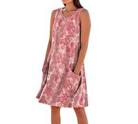 Sommerkleid Damen Modernes Blumenmuster Ärmelloses V-Ausschnitt Minikleid Lässiges Lockeres Druck Strandkleid Mit Taschen Leichtes Luftiges Bequemes Freizeit Tunikakleid(Rosa,L)