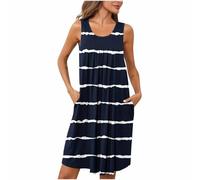 Sommerkleid Damen Modisch Casual, Strandkleid Gestreiftes Bedrucktes Taschenhülsen Und Pyjama Kleid Falten Vorne Kurzzeithemd, Cocktailkleid Leicht Und Luftig Summer Dress Freizeitkleid Elegant Schick
