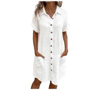 Sommerkleid Damen Musselin Kleid Button Down Leinenkleid Strandkleid Casual V-Ausschnitt Minikleid Kurzarm Freizeitkleid Boho Kleid Knielang Leinenkleider