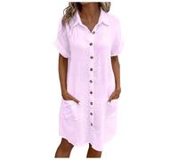 Sommerkleid Damen Musselin Kleid Button Down Leinenkleid Strandkleid Casual V-Ausschnitt Minikleid Kurzarm Freizeitkleid Boho Kleid Knielang Leinenkleider