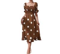 Sommerkleid Damen Polka Dot Muster Quadratischer Ausschnitt Midikleid Puffärmeliges Gesmoktes Tailliertes Partykleid Sommer Rüschenrand Lässiges Süßes Elegantes Alltags Freizeitkleid(Coffee,XL)
