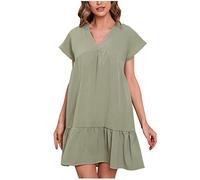 Sommerkleid Damen Sale Angebote Spitze Ärmellos Minikleid Knöpfle V-Ausschnitt Strandkleid Ärmellos Kleid Sexy Rückenfreies Träger Freizeit Strandkleid Sommer V-Ausschnitt Leinenkleid Kurzarm Som