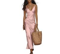 Sommerkleid Damen Satin Spaghettiträger V-Ausschnitt Maxikleid Ärmellos Lockeres Fließendes Trägerkleid Elegantes Lässiges Freizeitkleid Elegant Festlich Party Strandkleid(Rosa,XL)