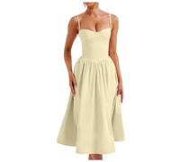 Sommerkleid Damen Sexy Ärmellos Spaghettiträger Boho Lang Kleid Corsett Mittelalter Trägerkleid Hochzeitsgast Abendkleider Mit Tasche Hellgelb M