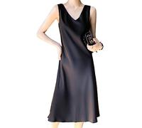 Sommerkleid Damen,Sommer-Satinkleid Für Damen Sexy Einfarbig Midi-Kleid Elegant Ärmellos V-Ausschnitt Langes Tank-Kleid Modisch A-Linie Fließendes Seidenkleid Cocktail-Strand-Abend-Party-Kleider
