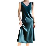 Sommerkleid Damen,Sommer-Satinkleid Für Damen Sexy Einfarbig Midi-Kleid Elegant Ärmellos V-Ausschnitt Langes Tank-Kleid Modisch A-Linie Fließendes Seidenkleid Cocktail-Strand-Abend-Party-Kleider