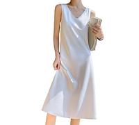 Sommerkleid Damen,Sommer-Satinkleid Für Damen Sexy Einfarbig Midi-Kleid Elegant Ärmellos V-Ausschnitt Langes Tank-Kleid Modisch A-Linie Fließendes Seidenkleid Cocktail-Strand-Abend-Party-Kleider