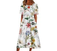 Sommerkleid Damen, Sommerkleid Damen Lang Boho A Linie Kleider Kurzarm V Ausschnitt Knopfleiste Sommerkleider Blumenkleid Midi Kleid Damen Sommer Leicht Luftig Strandkleid Damenkleider
