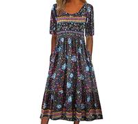 Sommerkleid Damen, Sommerkleid Damen Lang Boho A Linie Kleider Kurzarm V Ausschnitt Knopfleiste Sommerkleider Blumenkleid Midi Kleid Damen Sommer Leicht Luftig Strandkleid Damenkleider
