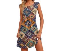 Sommerkleid Damen, Sommerkleider Damen Leicht Und Luftig Blusenkleid Sommer Elegant Blumendruck Rundhals Ärmelloses Shirtkleid Leicht Swing Tank Kleid Casual A-Linie Tunikakleid Locker Atmungsaktiv