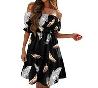 Sommerkleid Damen Swing Kleid Sommer Off Shoulder Slash Neck Skaterkleid Einfarbiges A-Linien-Kleid Trägerloses, kurzärmliges, knielanges Patchwork-Kleid Strandkleid Party Kleid