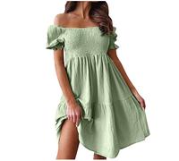 Sommerkleid Damen Swing Kleid Sommer Off Shoulder Slash Neck Skaterkleid Einfarbiges A-Linien-Kleid Trägerloses, kurzärmliges, knielanges Patchwork-Kleid Strandkleid Party Kleid