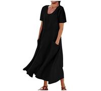 Sommerkleid Damen T-Shirt-Kleid Taschen Baumwolle Leinen Vintage Baggy Kaftan Ärmellos Rundhals T-Shirt Kleid Kleider Strandkleid Freizeitkleid Maxikleid Große Größen (XXL,Schwarz)
