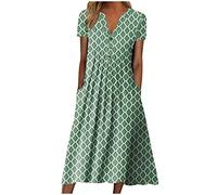 Sommerkleid Damen Urlaub Maxikleid Mode Blumendruck Strandkleid V-Ausschnitt Kurzärmliges Sonnenkleid Blusenkleid mit Knopfleiste Große Größen A-Linien Kleid mit Taschen Knöchellanges Partykleid