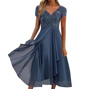 Sommerkleid Damen V-Ausschnitt, Abendkleid Lang Kleid Elegant Chiffon Spitze Swing Cocktailkleid Lässig Festliche Kleider für Frauen für Hochzeitsgast Abendkleider Brautjungfernkleider Partykleid