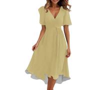 Sommerkleid Damen V-Ausschnitt Kleider Damen Sommer Reine Farbe V-Krawatte locker Casual Kurzarm Kleid Maxikleider Strandkleid Leicht und Luftig Elegant Kleid Herbst Partykleid