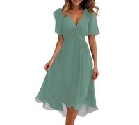 Sommerkleid Damen V-Ausschnitt Kleider Damen Sommer Reine Farbe V-Krawatte locker Casual Kurzarm Kleid Maxikleider Strandkleid Leicht und Luftig Elegant Kleid Herbst Partykleid