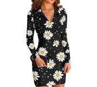 Sommerkleid Damen V Ausschnitt Langarm Blumendruck Einfarbiges Minikleid Figurbetonter Fließender Alltagskleid Weicher Lockerer Sitz Lässiges Elegantes Freizeitkleid(Schwarz,M)