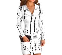 Sommerkleid Damen V Ausschnitt Langarm Blumendruck Einfarbiges Minikleid Figurbetonter Fließender Alltagskleid Weicher Lockerer Sitz Lässiges Elegantes Freizeitkleid(Weiß,XXL)