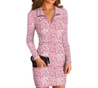 Sommerkleid Damen V Ausschnitt Langarm Blumendruck Einfarbiges Minikleid Figurbetonter Fließender Alltagskleid Weicher Lockerer Sitz Lässiges Elegantes Freizeitkleid(Rosa,XXL)