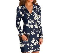 Sommerkleid Damen V Ausschnitt Langarm Blumendruck Einfarbiges Minikleid Figurbetonter Fließender Alltagskleid Weicher Lockerer Sitz Lässiges Elegantes Freizeitkleid(Marineblau,XXL)