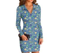 Sommerkleid Damen V Ausschnitt Langarm Blumendruck Einfarbiges Minikleid Figurbetonter Fließender Alltagskleid Weicher Lockerer Sitz Lässiges Elegantes Freizeitkleid(Dunkelblau,M)