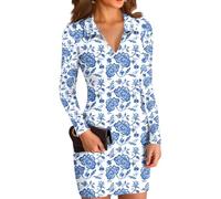 Sommerkleid Damen V Ausschnitt Langarm Blumendruck Einfarbiges Minikleid Figurbetonter Fließender Alltagskleid Weicher Lockerer Sitz Lässiges Elegantes Freizeitkleid(Himmelblau,L)