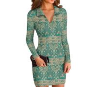 Sommerkleid Damen V Ausschnitt Langarm Blumendruck Einfarbiges Minikleid Figurbetonter Fließender Alltagskleid Weicher Lockerer Sitz Lässiges Elegantes Freizeitkleid(Grün,L)