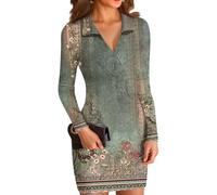 Sommerkleid Damen V Ausschnitt Langarm Vintage Druck Einfarbiges Minikleid Figurbetont Fließender Freizeitkleid Weicher Lockerer Partykleid Lässiges Elegantes Taugliches Alltagskleid (Armeegrün,S)