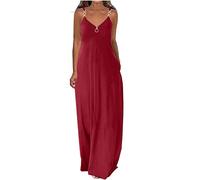 Sommerkleid Damen V-Ausschnitt Maxikleid mit Reißverschluss Mode Einfarbige Trägerkleid Schulterfrei Strandkleid Ärmellos Locker Freizeitkleid Knöchellang A-Linien Kleid Partykleid Urlaubskleid