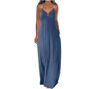 Sommerkleid Damen V-Ausschnitt Maxikleid mit Reißverschluss Mode Einfarbige Trägerkleid Schulterfrei Strandkleid Ärmellos Locker Freizeitkleid Knöchellang A-Linien Kleid Partykleid Urlaubskleid