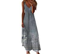 Sommerkleid Damen V-Ausschnitt Strandkleid Spaghettitrger Freizeitkleid Lang ärmellos Kleid Elegant Tiefem Abendkleid Frauen Urlaub Casual Plus Größe Maxi Sonnenkleid Trendy Langer Spaghetti-Armband