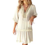 Sommerkleid Damen Weißes Boho Kleid Sommer Elegant Spitzen Strandkleid Kurz A-Linie Minikleid Freizeitkleid Beige#10 S