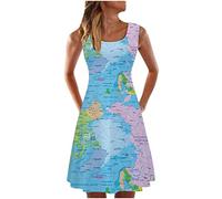 Sommerkleid Damen Weltkarte Bedruckt Weste Kleid äRmelloses LäSsiges Strandkleid Erde Panel Druck TräGerlos Quadrat Hals RüCkenfrei Swing Kleid Schlankes Knielanges Kleid Kleider Damen