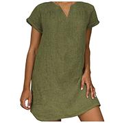 Sommerkleid Damen wickelkleid Kleid lang Sommer Einfarbig Baumwolle Leinen V-Ausschnitt Kurzarm Mini Bluse luftige Sommerkleider Strickkleid（Armeegrün, 5XL
