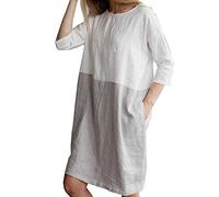 Sommerkleid Einfarbig Leinen Vintage Knielang Kleider Morbuy Damen Kurzarm Strand Casual Strandkleider Sexy Große Größe Lose Kleid Dress (S,Grau)