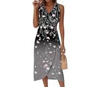 Sommerkleid Elegant, Kleid Damen Sommer Elegant Rockabilly Kleider Ärmellos V-Ausschnitt Blumenmuster Wickelkleid Tailliert A-Linie Midikleid Festlich Casual Classic (1-Grau, L)