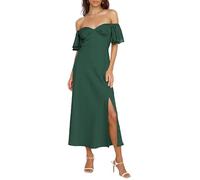 Sommerkleid für Damen aus Satin, schulterfrei, elegant mit Schmetterlingsärmeln und Schlitz, festliches Midi-Kleid für Hochzeit, Cocktailparty oder Abschlussball, Smaragde., Klein