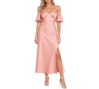 Sommerkleid für Damen aus Satin, schulterfrei, elegant mit Schmetterlingsärmeln und Schlitz, festliches Midi-Kleid für Hochzeit, Cocktailparty oder Abschlussball