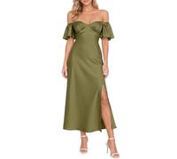 Sommerkleid für Damen aus Satin, schulterfrei, elegant mit Schmetterlingsärmeln und Schlitz, festliches Midi-Kleid für Hochzeit, Cocktailparty oder Abschlussball