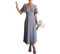 Sommerkleid für Damen aus Satin, schulterfrei, elegant mit Schmetterlingsärmeln und Schlitz, festliches Midi-Kleid für Hochzeit, Cocktailparty oder Abschlussball, Blau, Klein