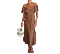 Sommerkleid für Damen aus Satin, schulterfrei, elegant mit Schmetterlingsärmeln und Schlitz, festliches Midi-Kleid für Hochzeit, Cocktailparty oder Abschlussball, Schokolade, Mittel