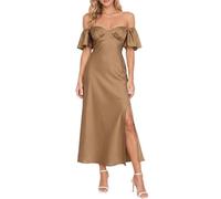 Sommerkleid für Damen aus Satin, schulterfrei, elegant mit Schmetterlingsärmeln und Schlitz, festliches Midi-Kleid für Hochzeit, Cocktailparty oder Abschlussball
