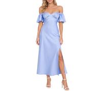 Sommerkleid für Damen aus Satin, schulterfrei, elegant mit Schmetterlingsärmeln und Schlitz, festliches Midi-Kleid für Hochzeit, Cocktailparty oder Abschlussball